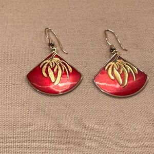 Laurel Burch Vintage Red and Gold Plated Willow Branch Fan Earrings